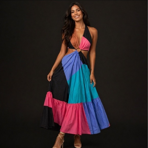 Anthropologie Dresses & Skirts - Anthropologie Flounced Cut-Out Maxi Dress size 2 Petite Colorblock 80s Tiered